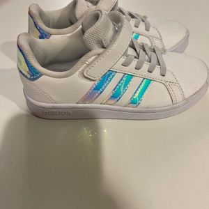 Kids Adidas shoes. Worn 2 times, excellent condition. Grey shoe strings.